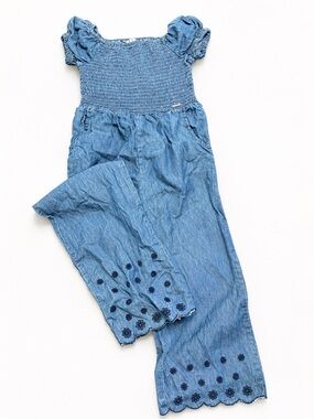 Tahari Girls Light Blue Denim Smocked Romper with Embroidered Hem